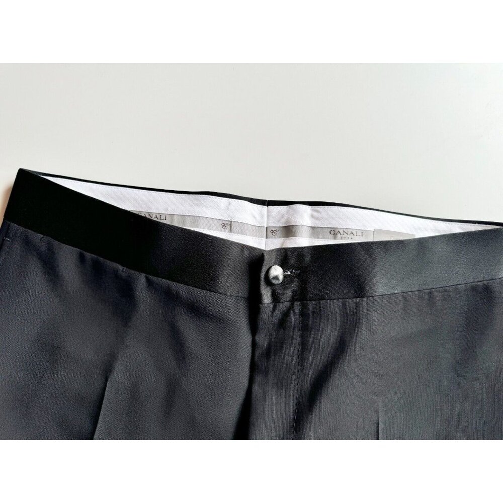 NWOT Men's CANALI Black Travel Wool Mohair Satin-Trimmed Tuxedo Pants, Size 46R - Picture 6 of 16